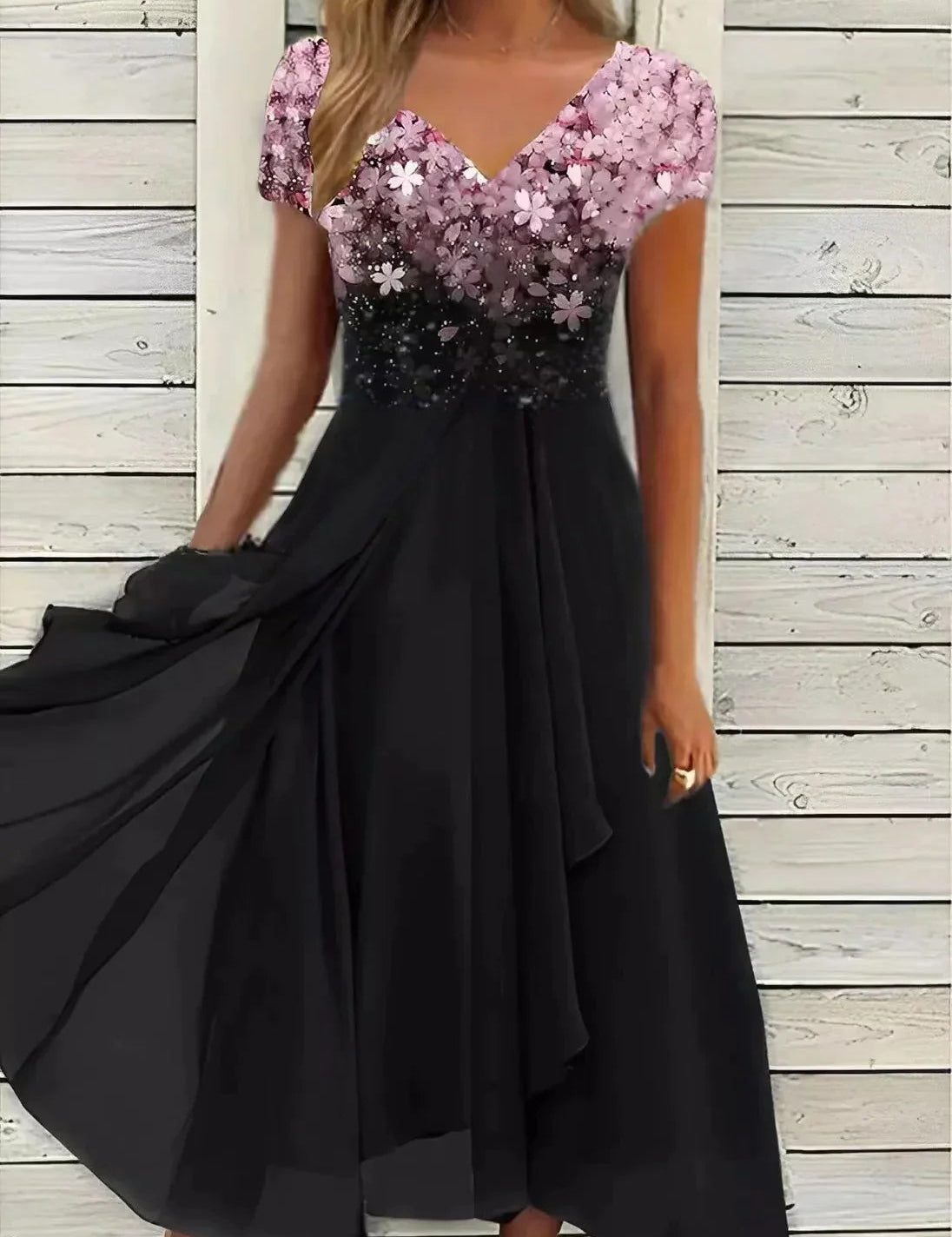 Floral Cocktail Midi Dress for Women – V-Neck Wedding Guest Dress with Floaty Skirt 1