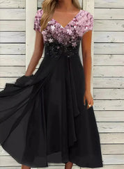 Floral Cocktail Midi Dress for Women – V-Neck Wedding Guest Dress with Floaty Skirt 1
