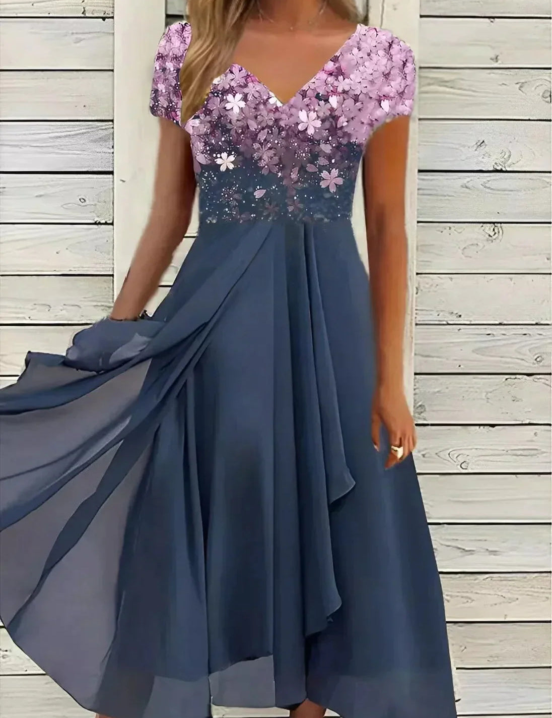 Floral Cocktail Midi Dress for Women – V-Neck Wedding Guest Dress with Floaty Skirt 3