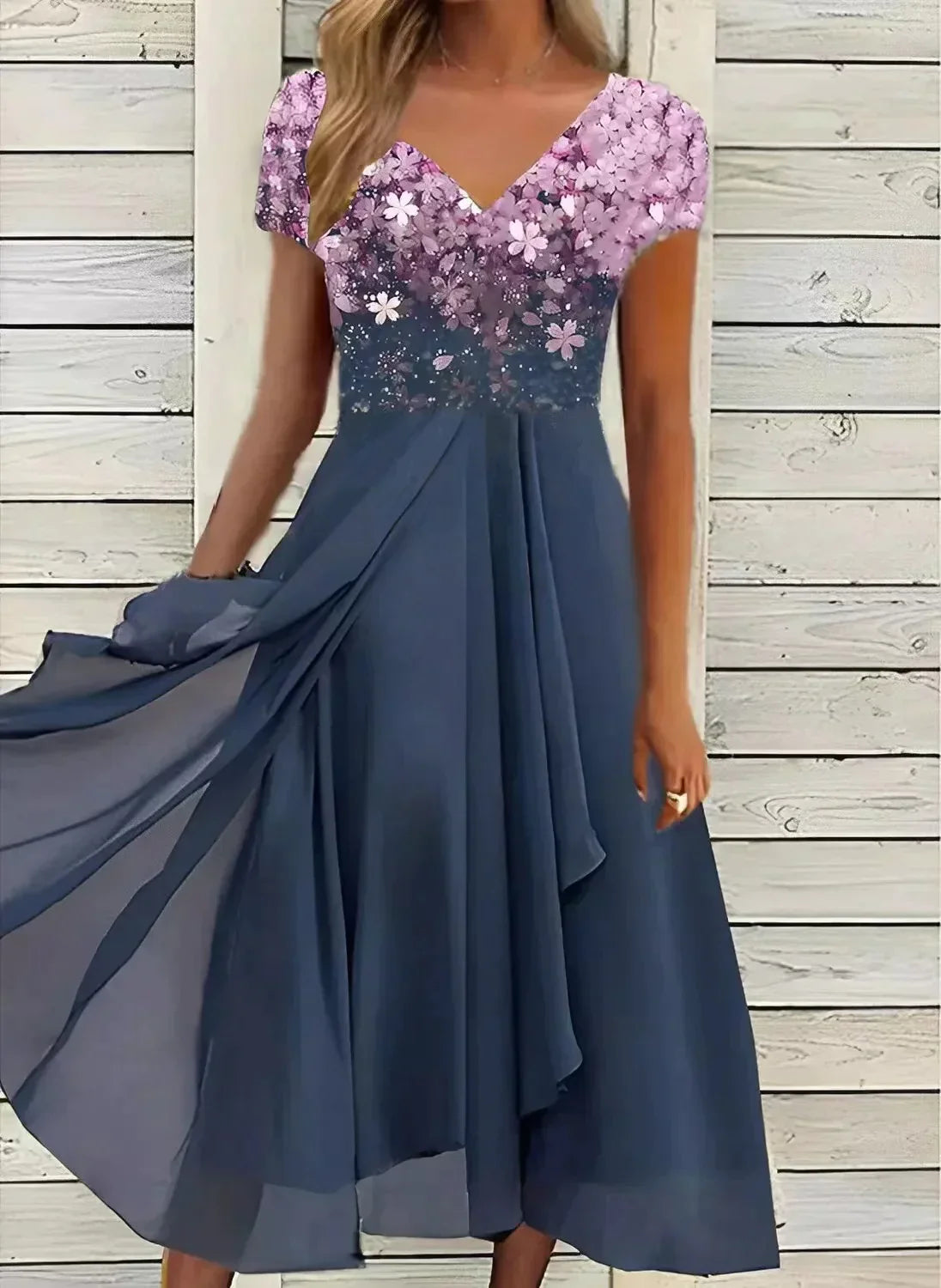 Floral Cocktail Midi Dress for Women – V-Neck Wedding Guest Dress with Floaty Skirt 3