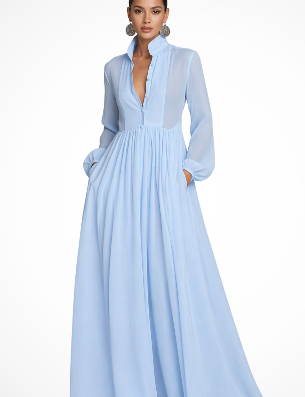 Long-Sleeve Maxi Dress for Women – Wedding Guest Dress with Pockets, Elegant & Floaty 0
