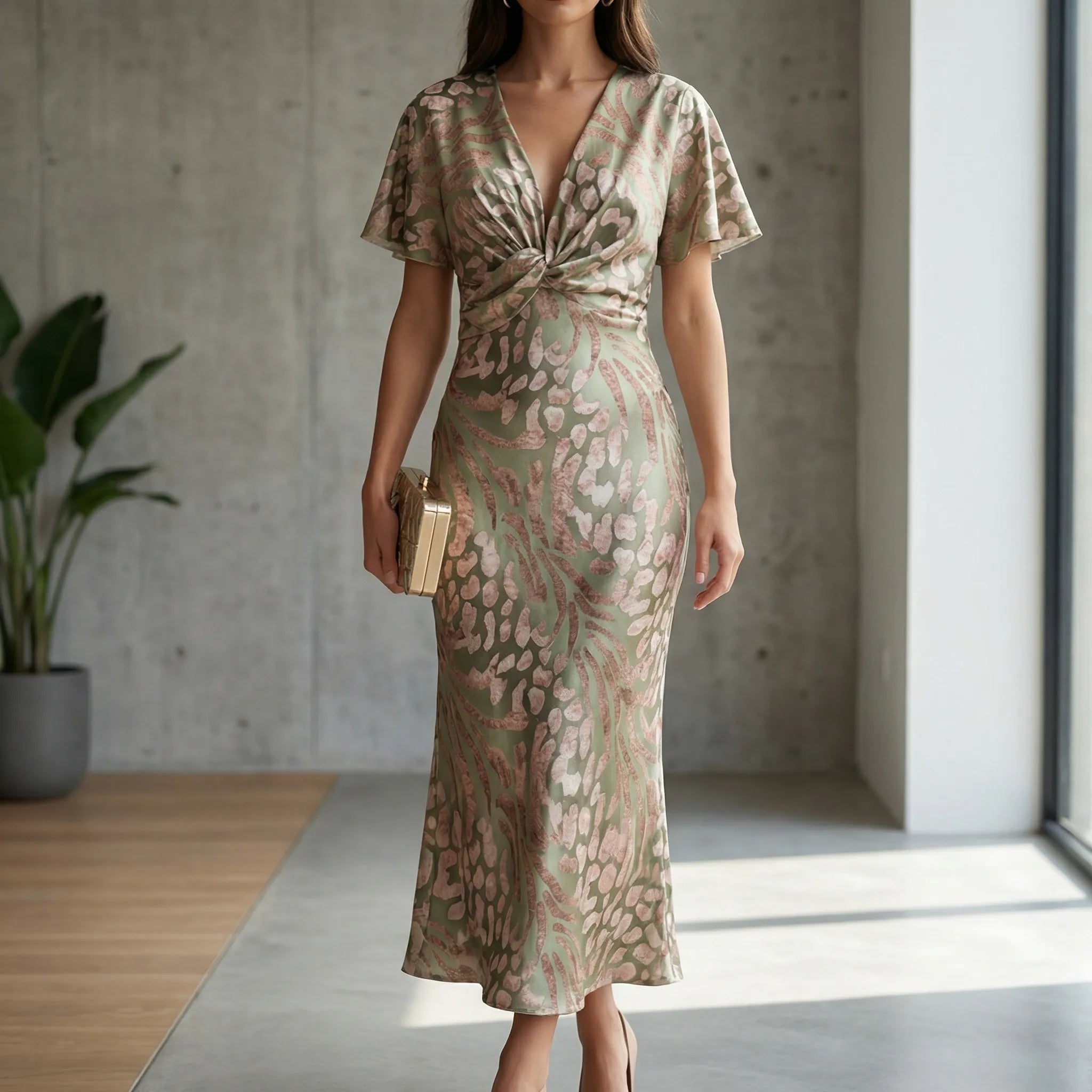 V-Neck Midi Dress for Women – Elegant Wedding Guest & Cocktail Party Dress 1