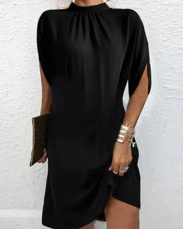 Short Evening Dress with Batwing Sleeves & Pleated Collar – Elegant Occasion Dress 0