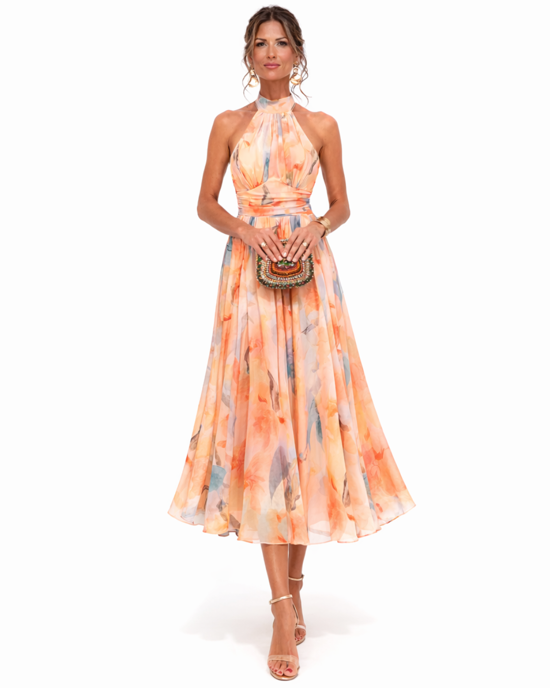 Halter Neck Maxi Dress for Women – Watercolour Print Elegant Summer Dress 0
