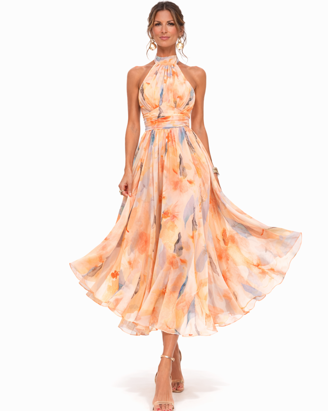 Halter Neck Maxi Dress for Women – Watercolour Print Elegant Summer Dress 1