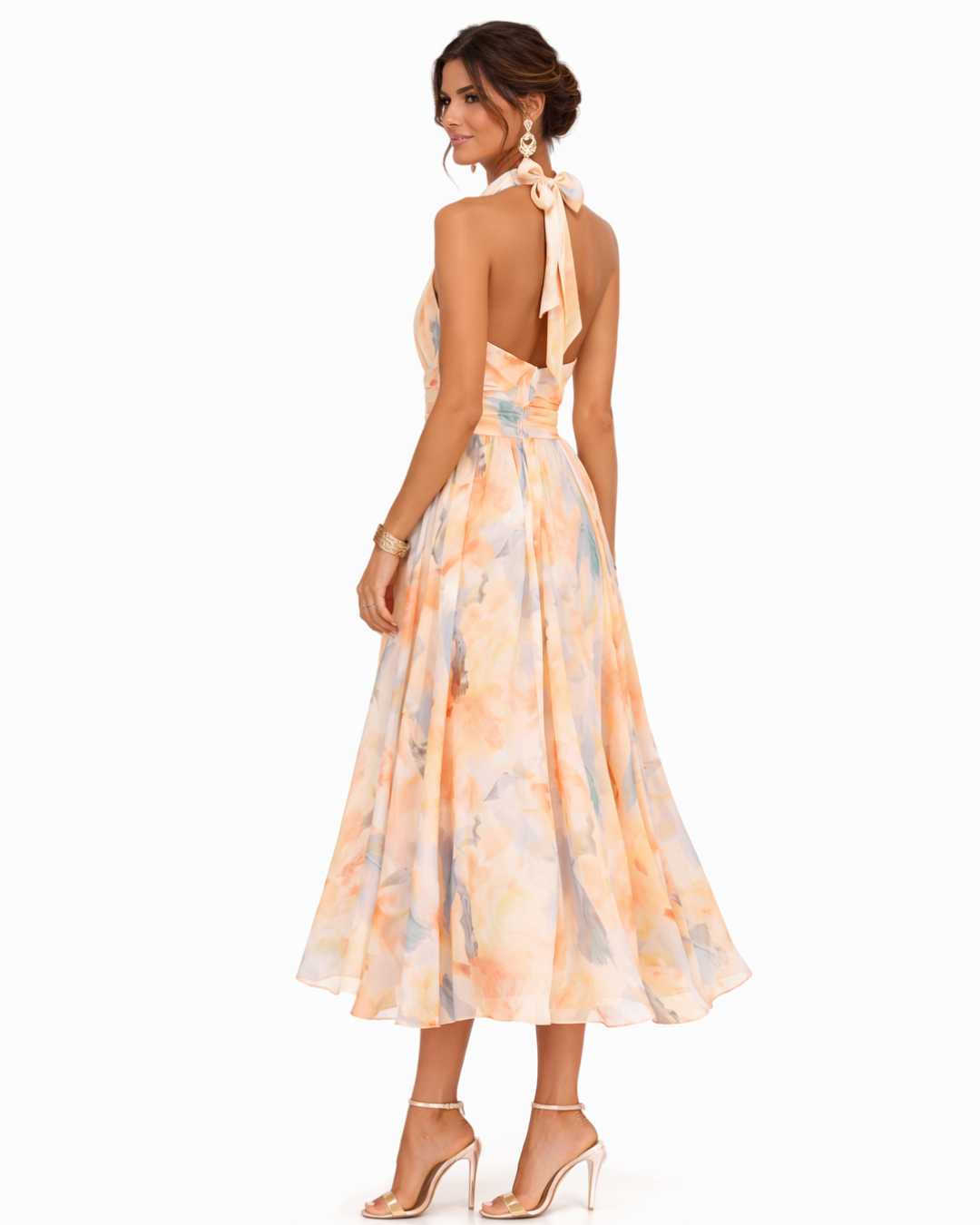Halter Neck Maxi Dress for Women – Watercolour Print Elegant Summer Dress 3