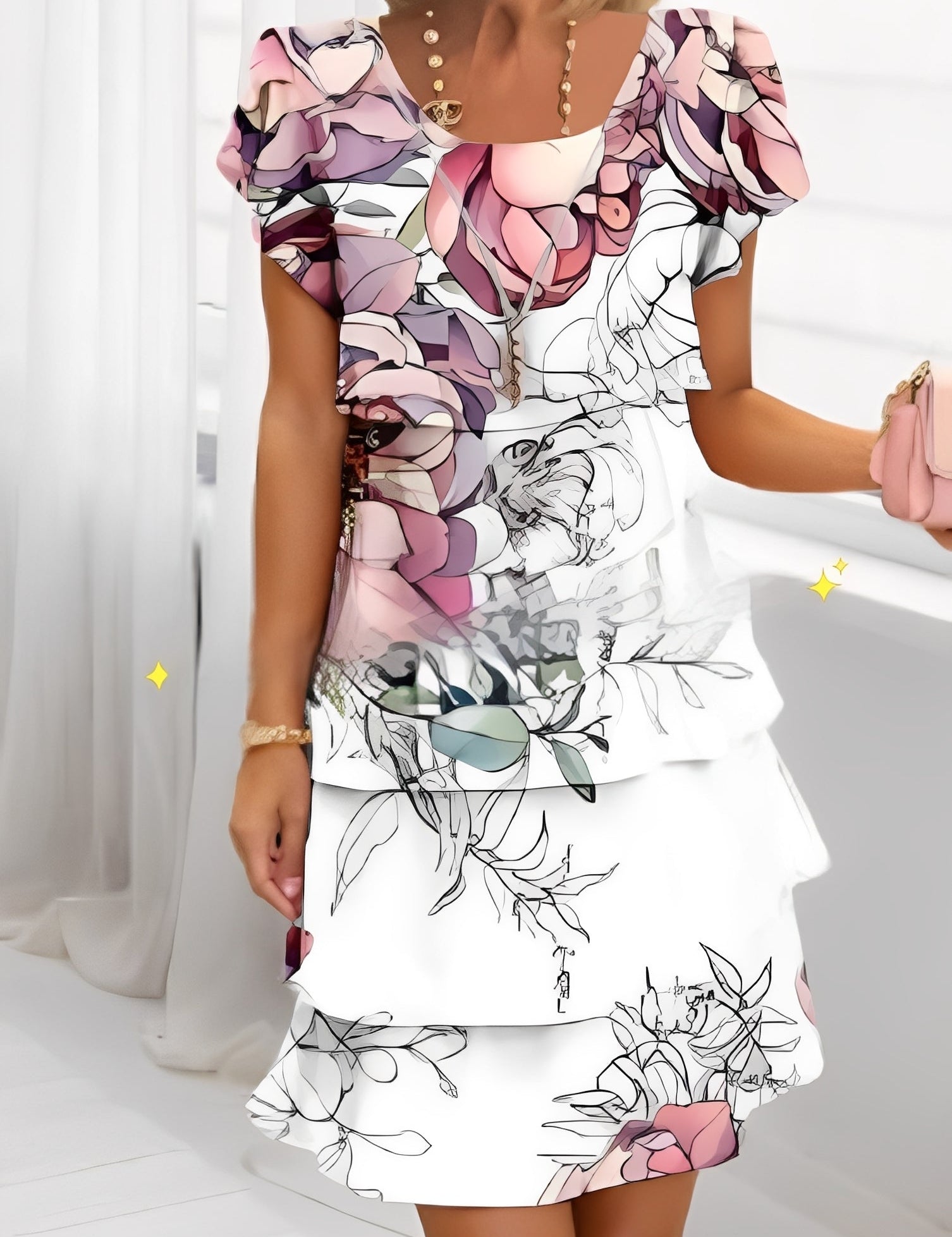 Ruffle Wedding Guest Dress with Short Sleeves – Elegant Evening Dress – Caroline 0