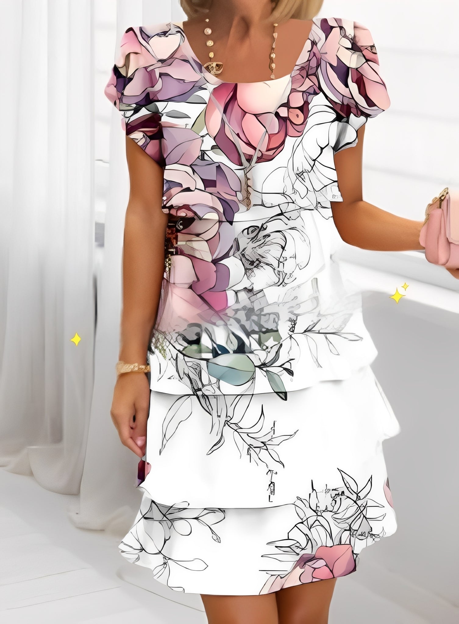 Ruffle Wedding Guest Dress with Short Sleeves – Elegant Evening Dress – Caroline 0