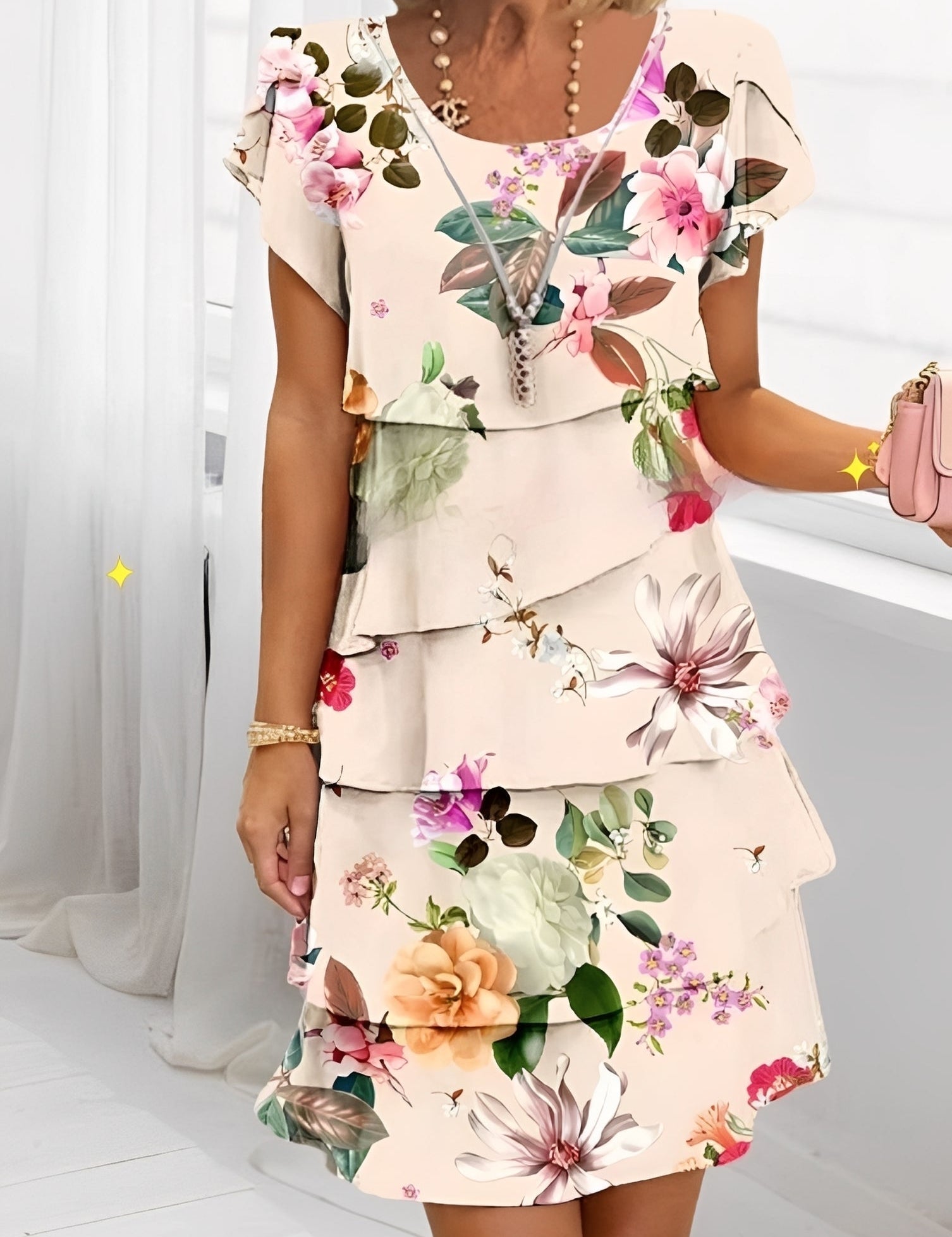 Ruffle Wedding Guest Dress with Short Sleeves – Elegant Evening Dress – Caroline 1