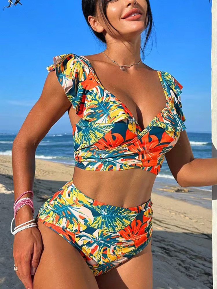 Tropical High-Waisted Bikini for Women – Two-Piece Adjustable Swimwear 1