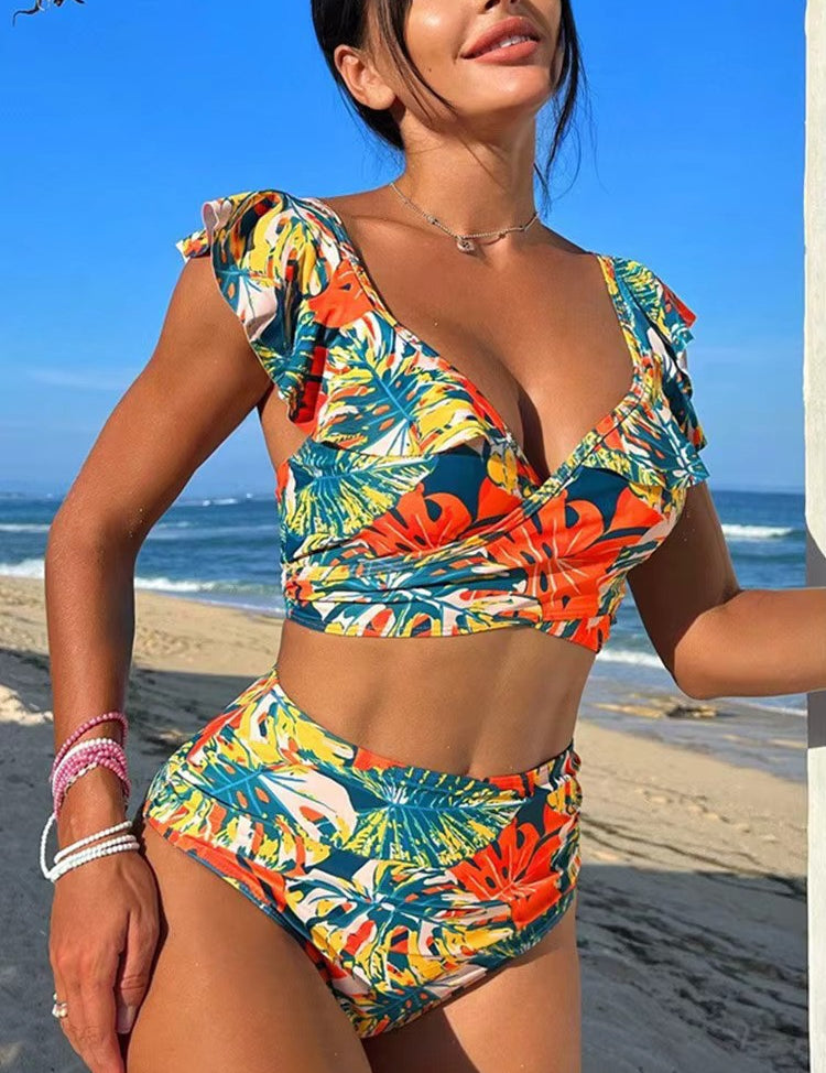Tropical High-Waisted Bikini for Women – Two-Piece Adjustable Swimwear 1