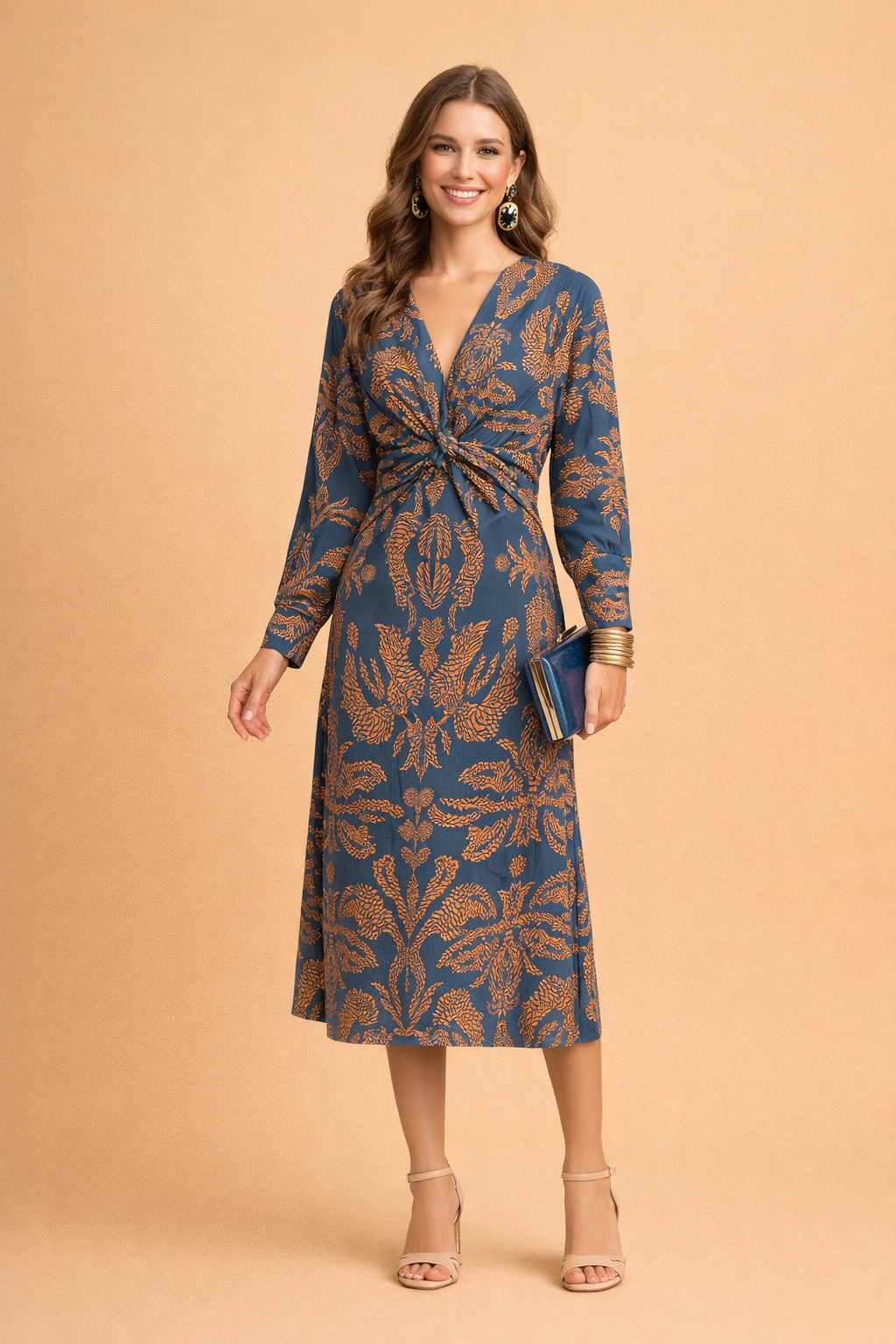 Twist-Front Midi Dress for Women – Long-Sleeve Occasion Dress – Alexa