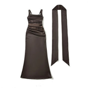 Maxi Dress for Weddings – Square-Neck Ruched Evening Maxi Dress