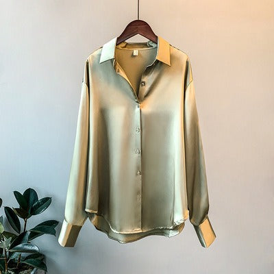 Satin Blouse for Women – Relaxed Casual Button-Up Top – Amily
