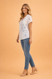 Floral Blouse for Women – Relaxed V-Neck Short-Sleeve Blouse – Gloria
