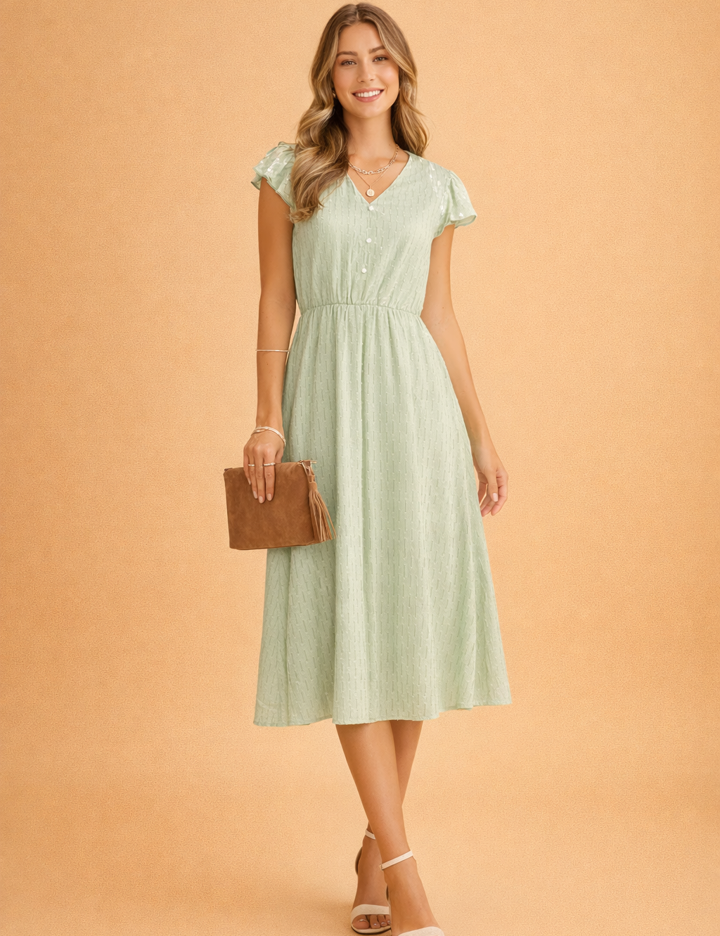 Summer Dress for Women – Ruffle-Sleeve V-Neck Midi Dress – Camille