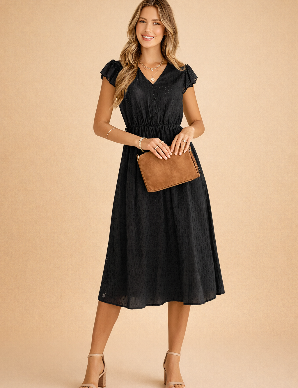 Summer Dress for Women – Ruffle-Sleeve V-Neck Midi Dress – Camille