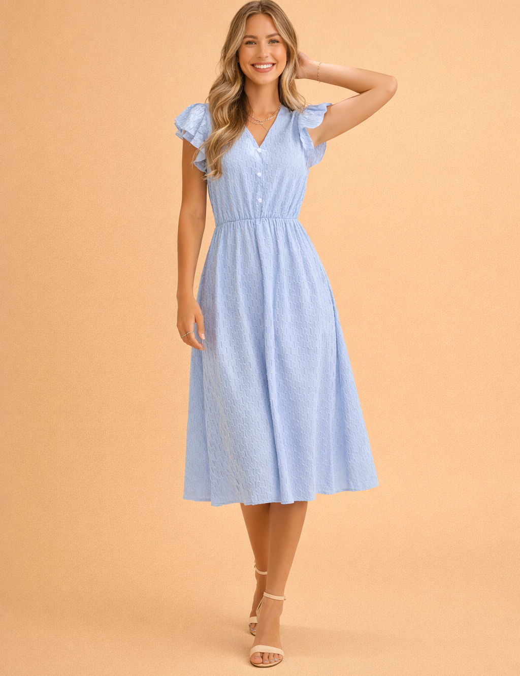 Summer Dress for Women – Ruffle-Sleeve V-Neck Midi Dress – Camille