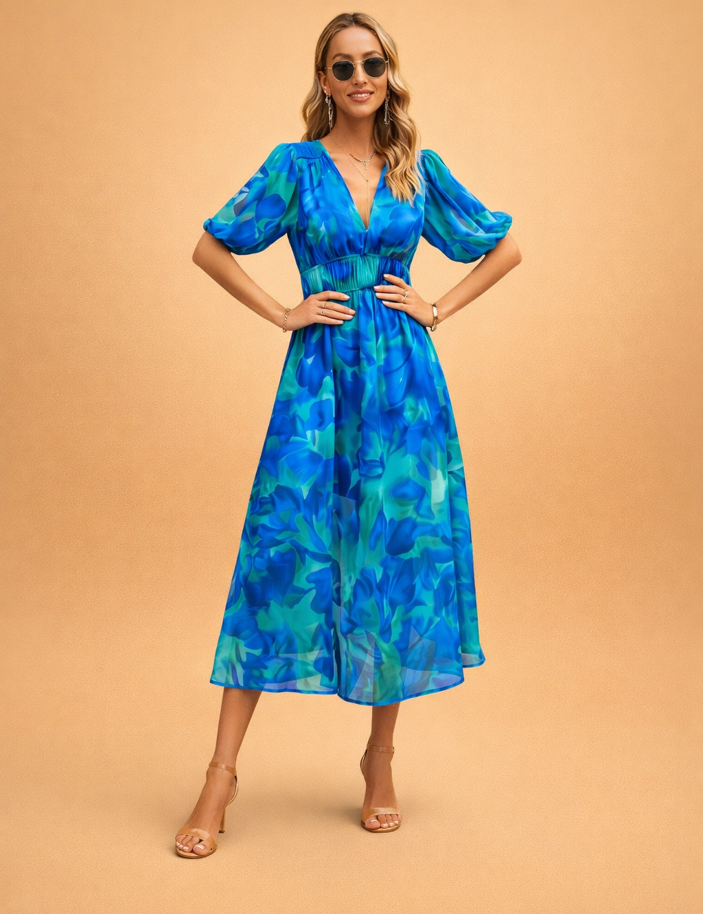 Floral Midi Dress for Women – Puff-Sleeve High-Waist Summer Dress – Calpa