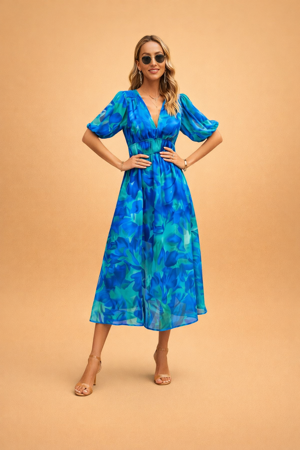Floral Midi Dress for Women – Puff-Sleeve High-Waist Summer Dress – Calpa
