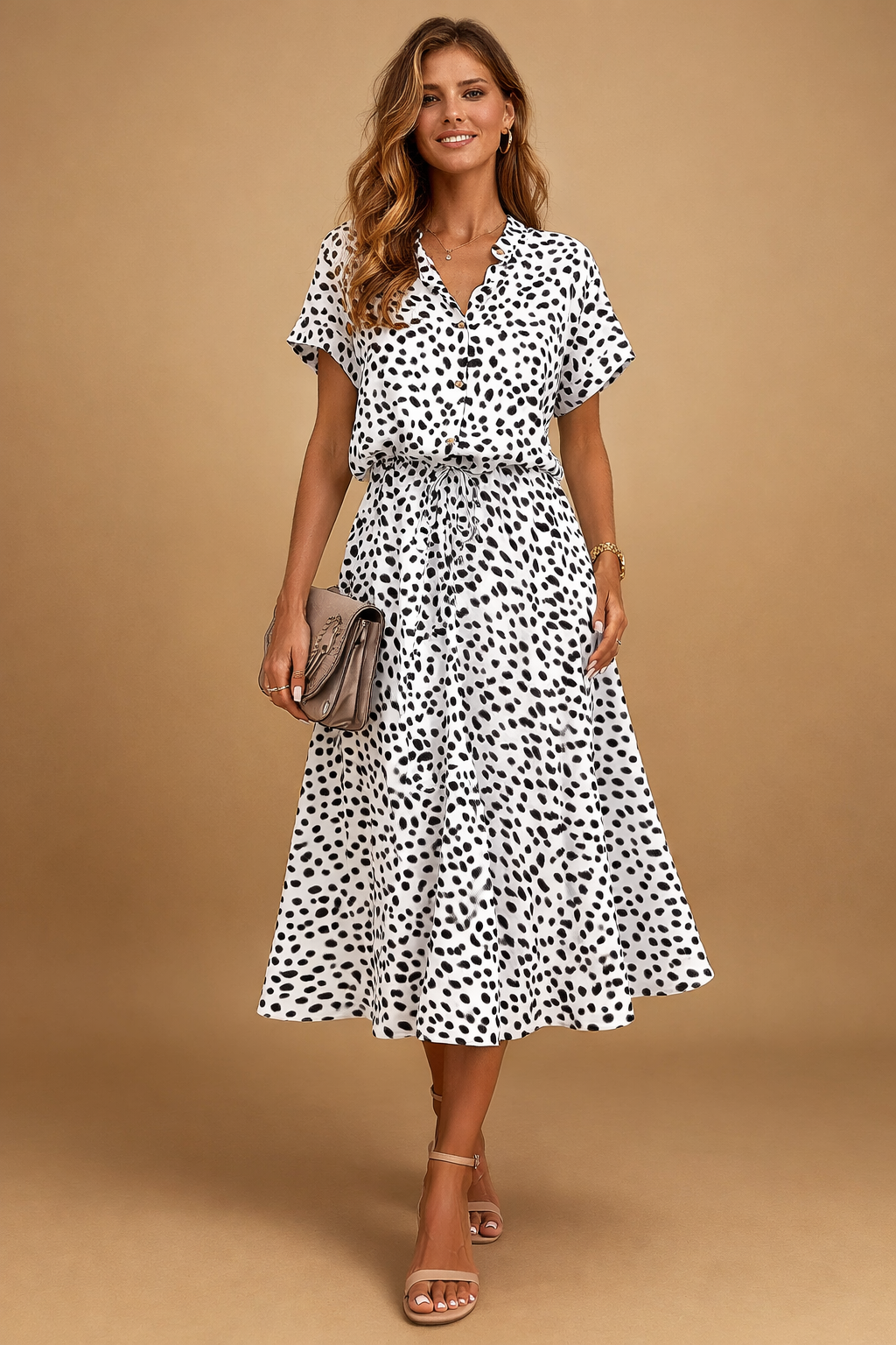 Boho Midi Dress for Women – Polka-Dot Tie-Waist Summer Dress – Eden