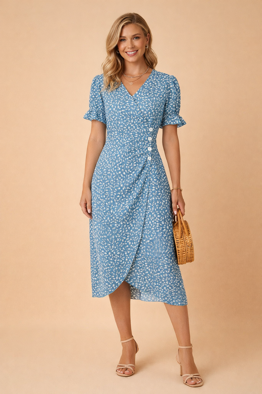 Floral Midi Dress for Women – Puff-Sleeve V-Neck A-Line Dress – Nina