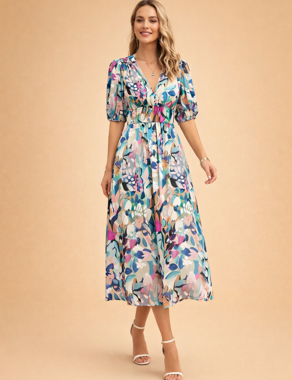 Floral Midi Dress for Women – Puff-Sleeve High-Waist Summer Dress – Calpa