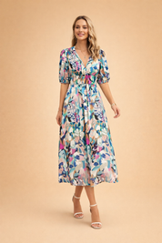 Floral Midi Dress for Women – Puff-Sleeve High-Waist Summer Dress – Calpa