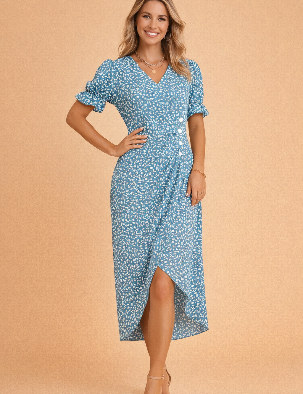 Floral Midi Dress for Women – Puff-Sleeve V-Neck A-Line Dress – Nina