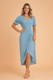 Floral Midi Dress for Women – Puff-Sleeve V-Neck A-Line Dress – Nina