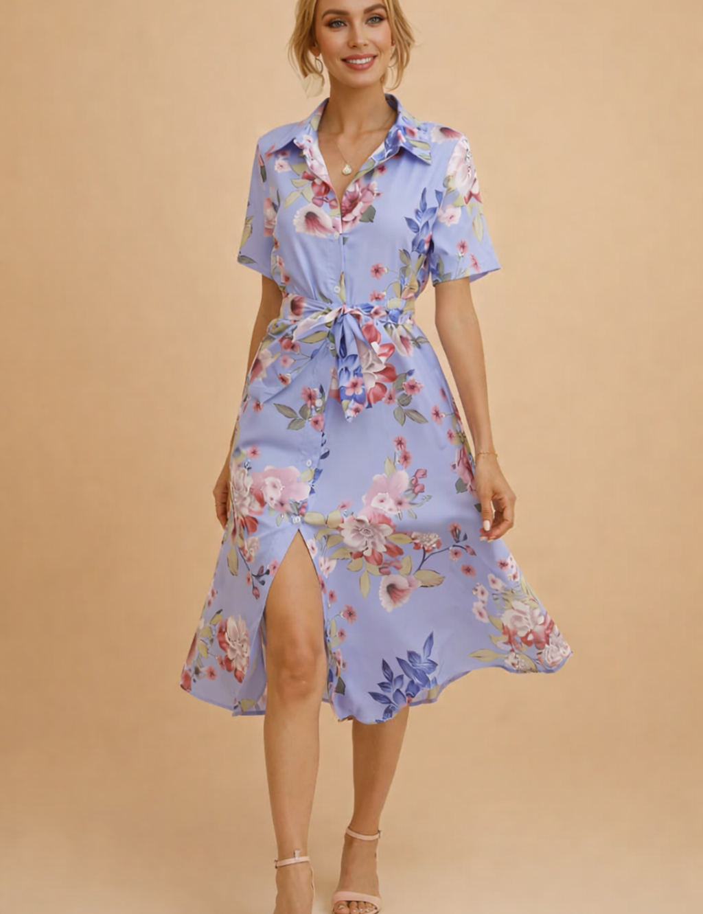 V-Neck Dress for Women – Belted Flowing Occasion Dress – Sophia