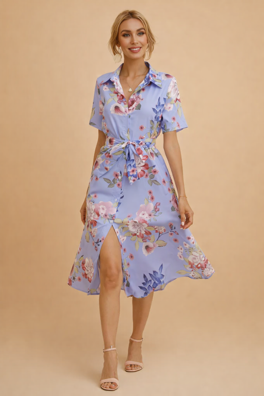 V-Neck Dress for Women – Belted Flowing Occasion Dress – Sophia