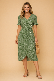 Floral Midi Dress for Women – Puff-Sleeve V-Neck A-Line Dress – Nina