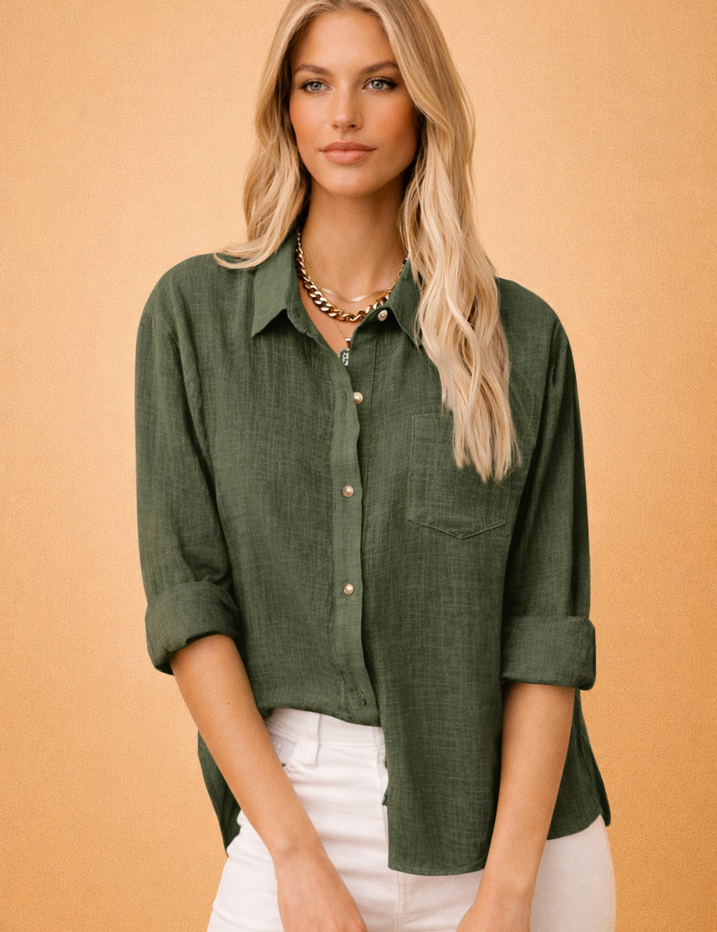 Long-Sleeve Cotton-Linen Blouse for Women – Casual Collared Top – Ellie