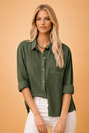 Long-Sleeve Cotton-Linen Blouse for Women – Casual Collared Top – Ellie