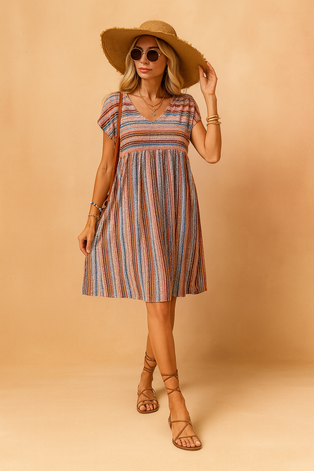 Boho Mini Dress for Women – Striped Floaty V-Neck Mini Dress – Josie