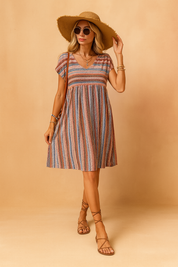 Boho Mini Dress for Women – Striped Floaty V-Neck Mini Dress – Josie