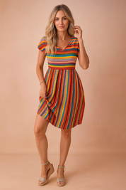 Boho Mini Dress for Women – Striped Floaty V-Neck Mini Dress – Josie