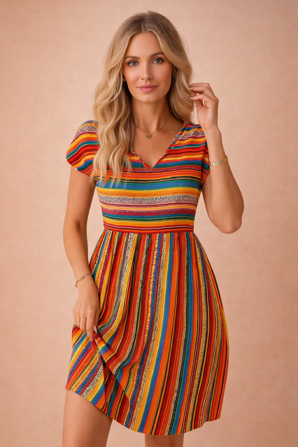 Boho Mini Dress for Women – Striped Floaty V-Neck Mini Dress – Josie