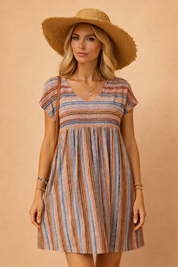 Boho Mini Dress for Women – Striped Floaty V-Neck Mini Dress – Josie