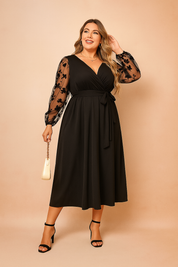 Plus-Size Black Wrap Dress for Women – Elegant Occasion Dress with Sheer Sleeves – Nita