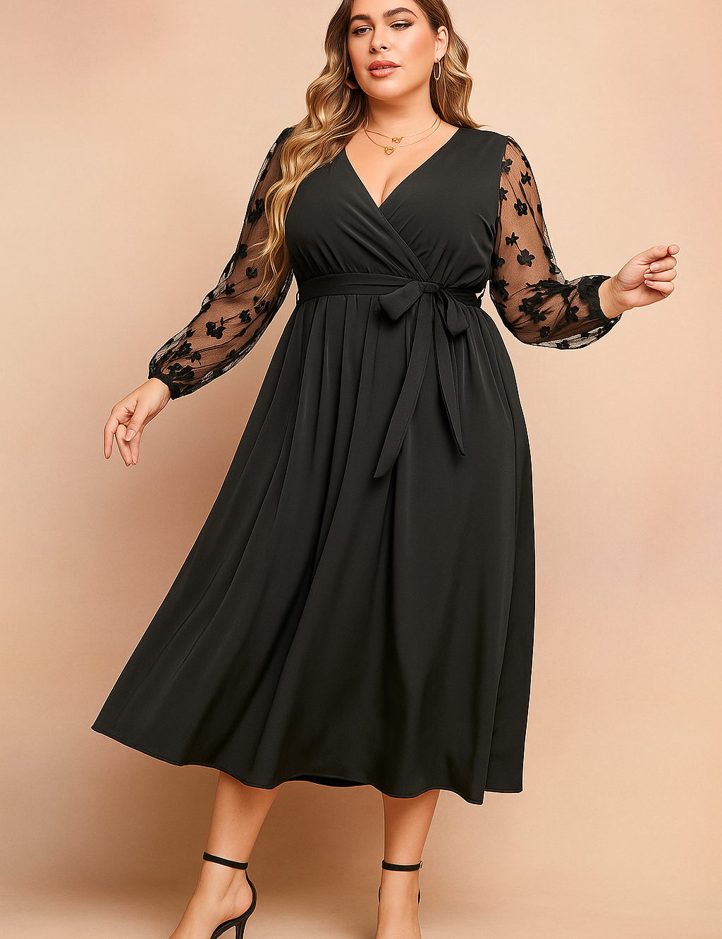 Plus-Size Black Wrap Dress for Women – Elegant Occasion Dress with Sheer Sleeves – Nita