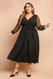 Plus-Size Black Wrap Dress for Women – Elegant Occasion Dress with Sheer Sleeves – Nita