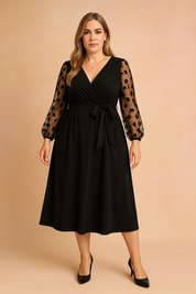 Plus-Size Black Wrap Dress for Women – Elegant Occasion Dress with Sheer Sleeves – Nita