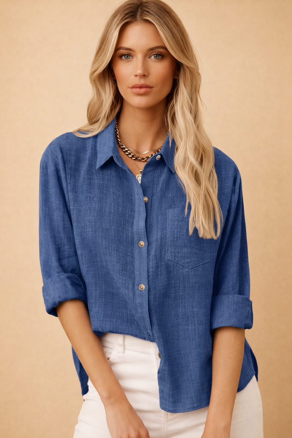 Long-Sleeve Cotton-Linen Blouse for Women – Casual Collared Top – Ellie