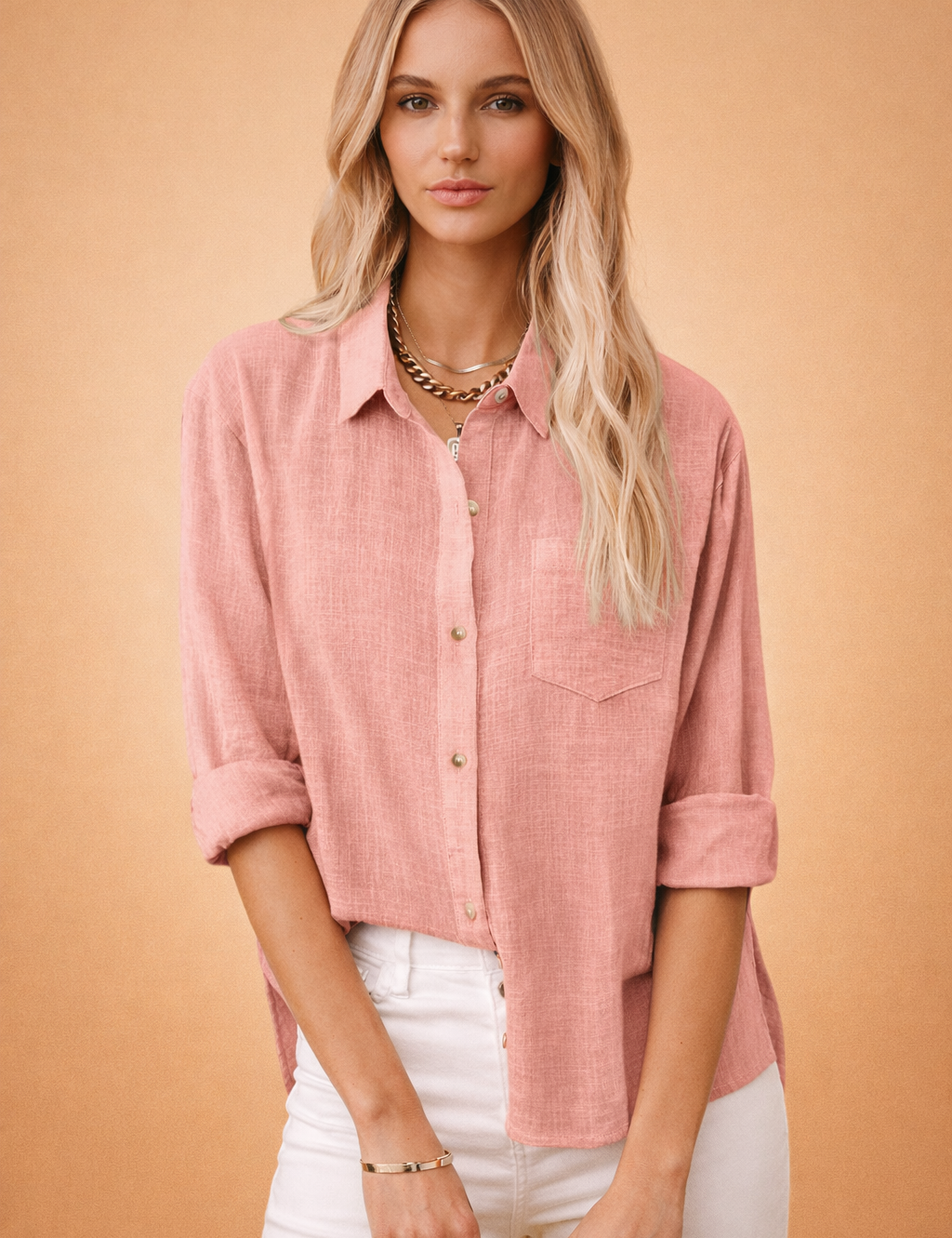 Long-Sleeve Cotton-Linen Blouse for Women – Casual Collared Top – Ellie
