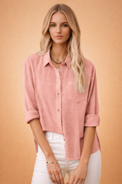 Long-Sleeve Cotton-Linen Blouse for Women – Casual Collared Top – Ellie
