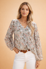 Long-Sleeve Floral Blouse for Women – Elegant Feminine Top – Remi