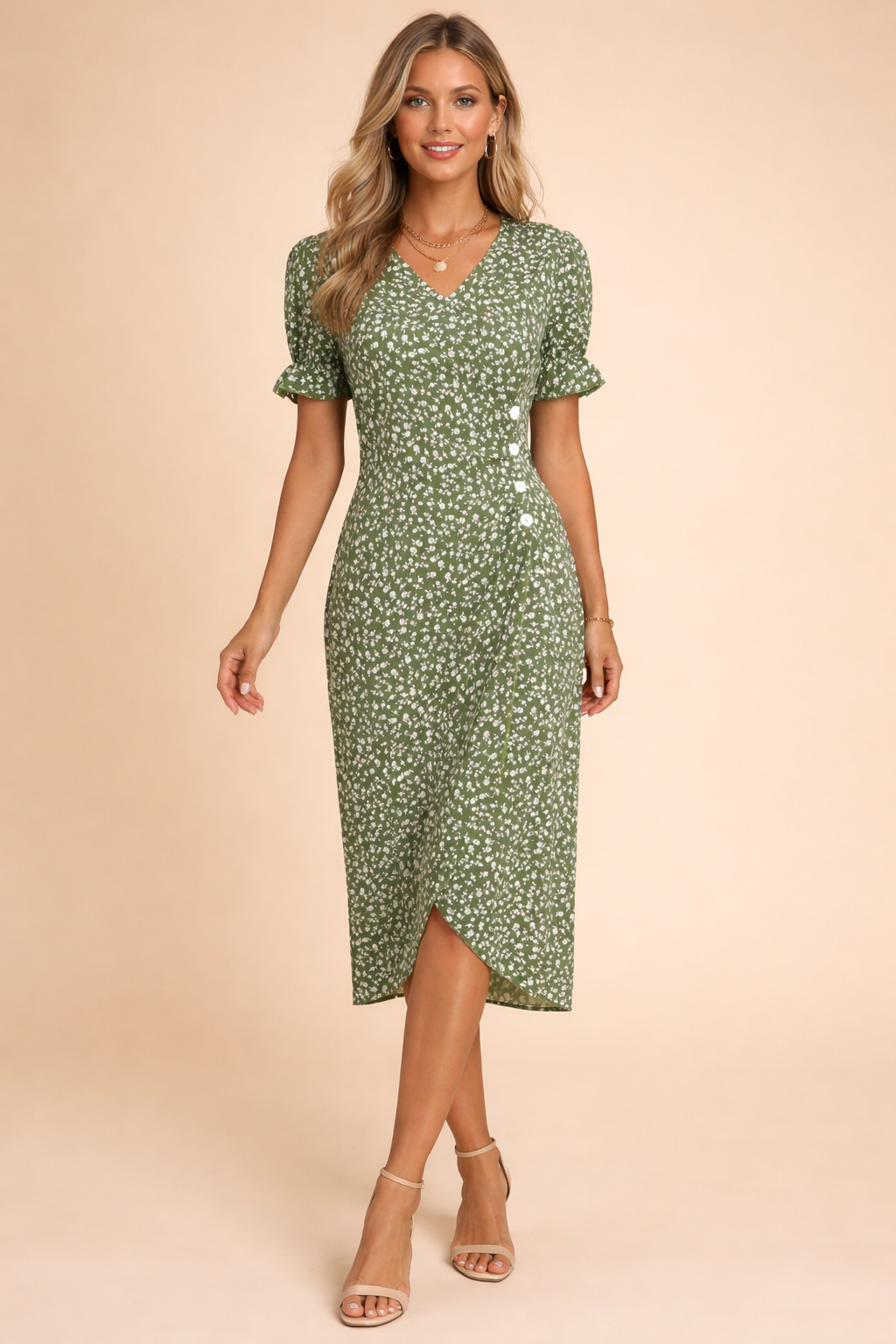 Floral Midi Dress for Women – Puff-Sleeve V-Neck A-Line Dress – Nina