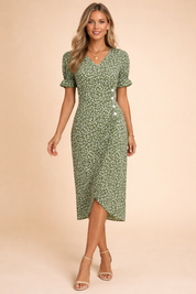 Floral Midi Dress for Women – Puff-Sleeve V-Neck A-Line Dress – Nina